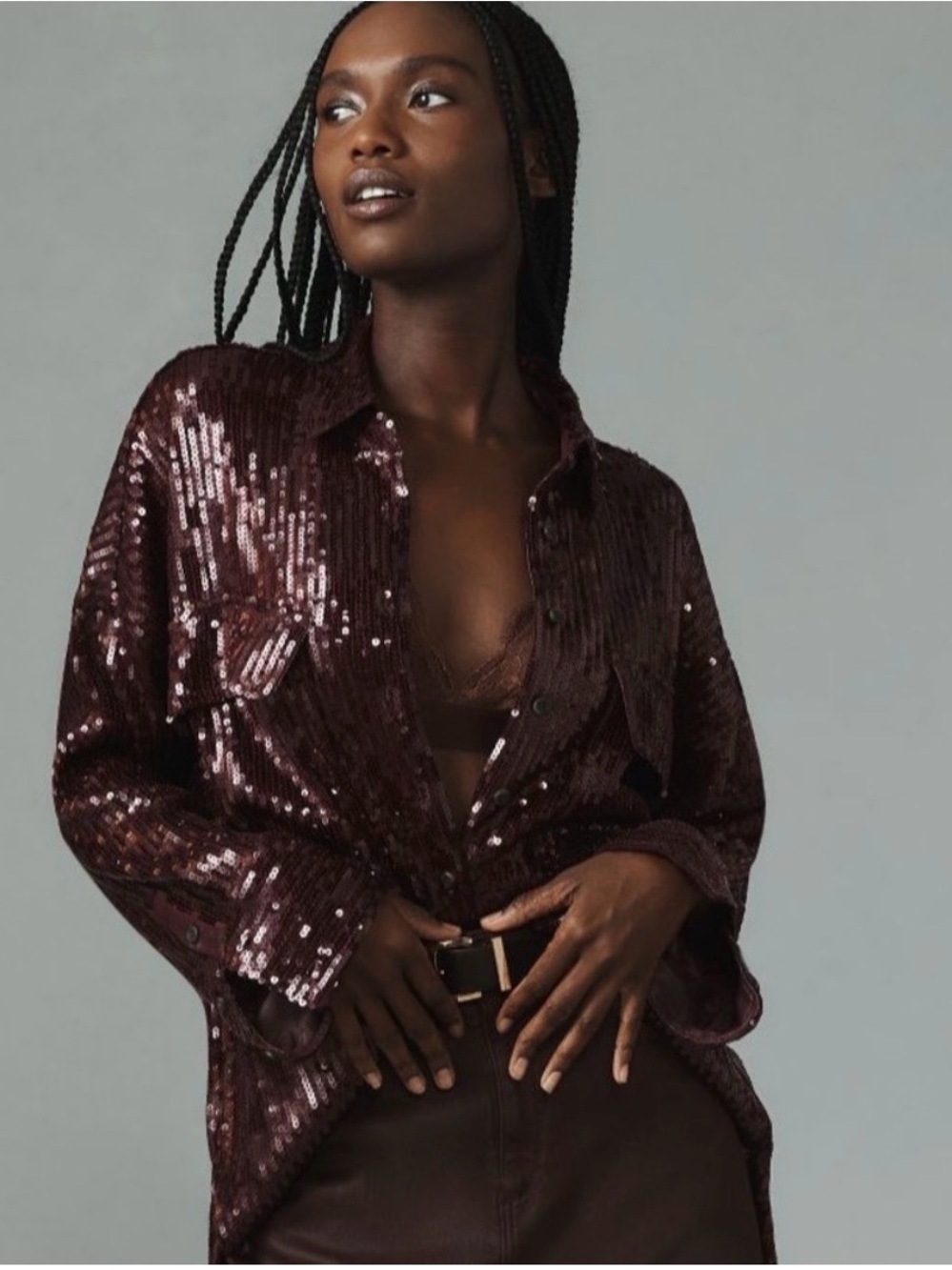 Pilcro/Anthropologie Sequin Button-Up Shirt in Deep Wine